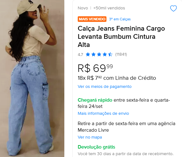 Calça Jeans Feminina Cargo Levanta Bumbum Cintura Alta